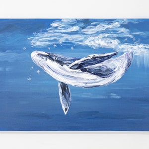 Whale Painting Blue Ocean Art Original Oil Painting Whale Jump out of Water Framed Wall Art Large Living Room Wall Decor Sea Painting