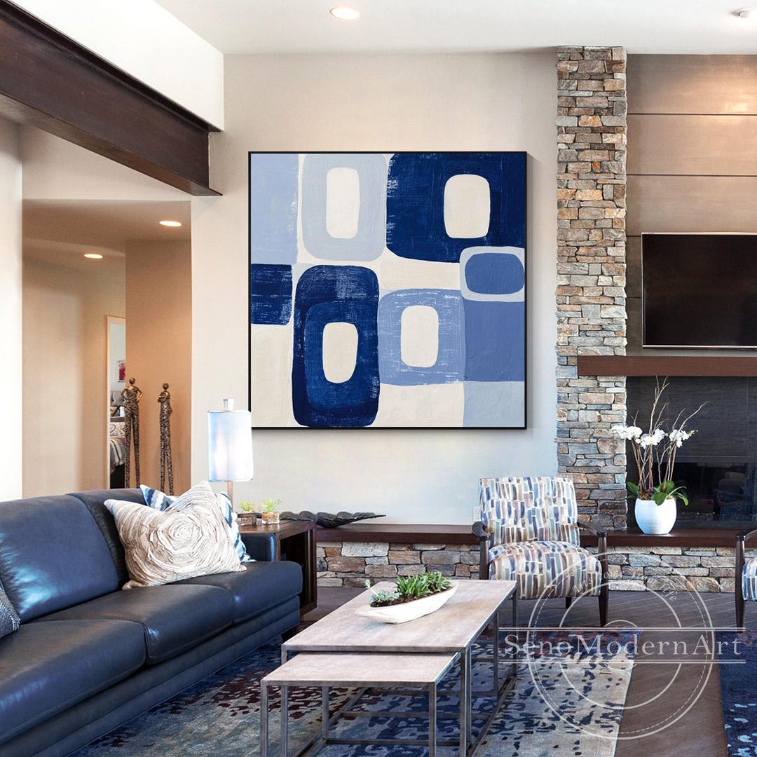 Blue Geometric Abstract Wall Art, Modern Navy and Sky Blue Canvas ...