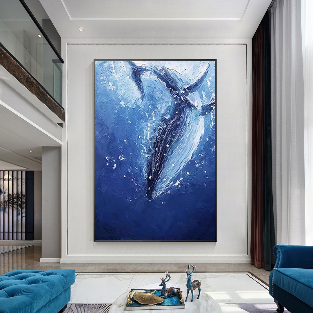 Navy Blue Abstract Whale Painting, Textured Whale Wall Art, Hand
