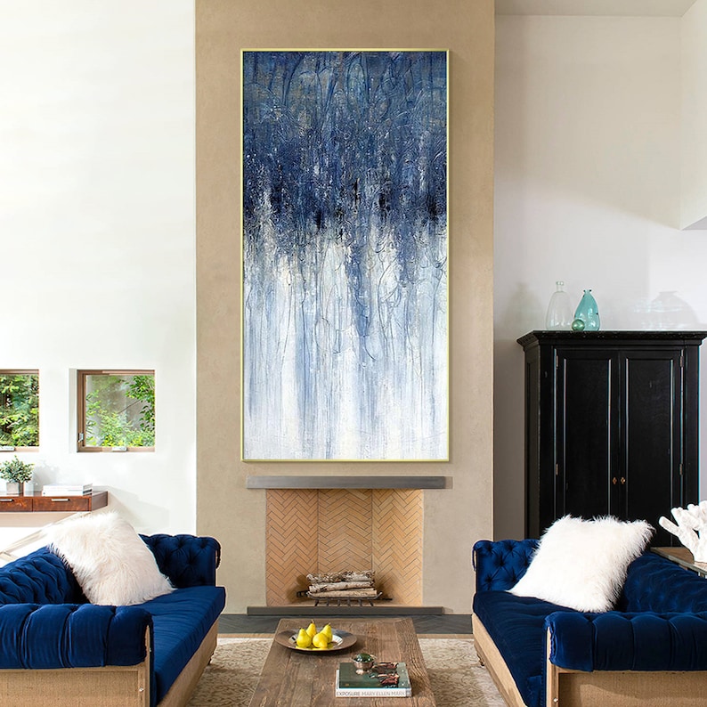 Dark blue textured abstract art with navy blue and white accents, framed canvas wall decor