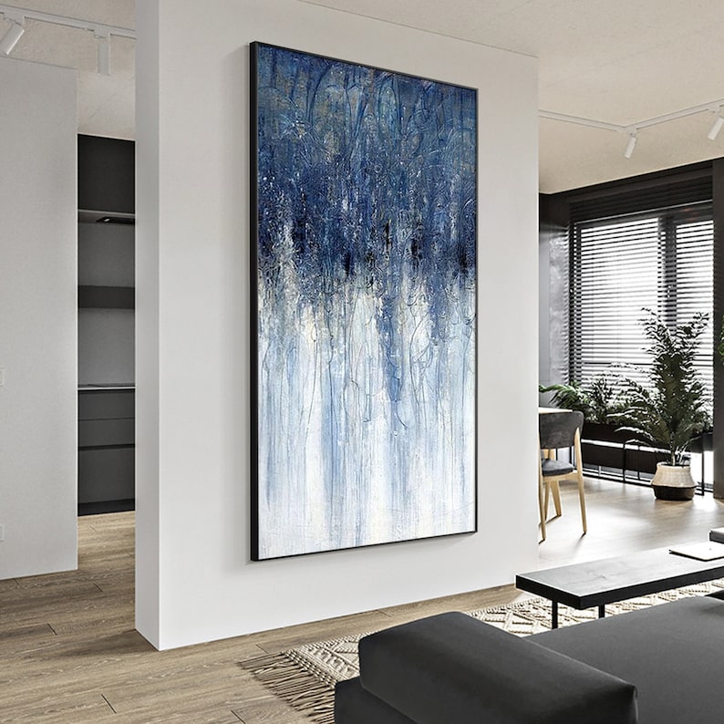 Dark blue textured abstract art with navy blue and white accents, framed canvas wall decor