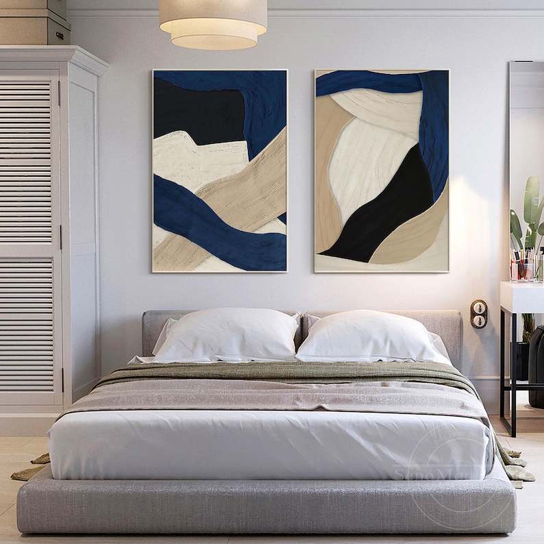 Vertical abstract diptych in navy and taupe tones for bedroom