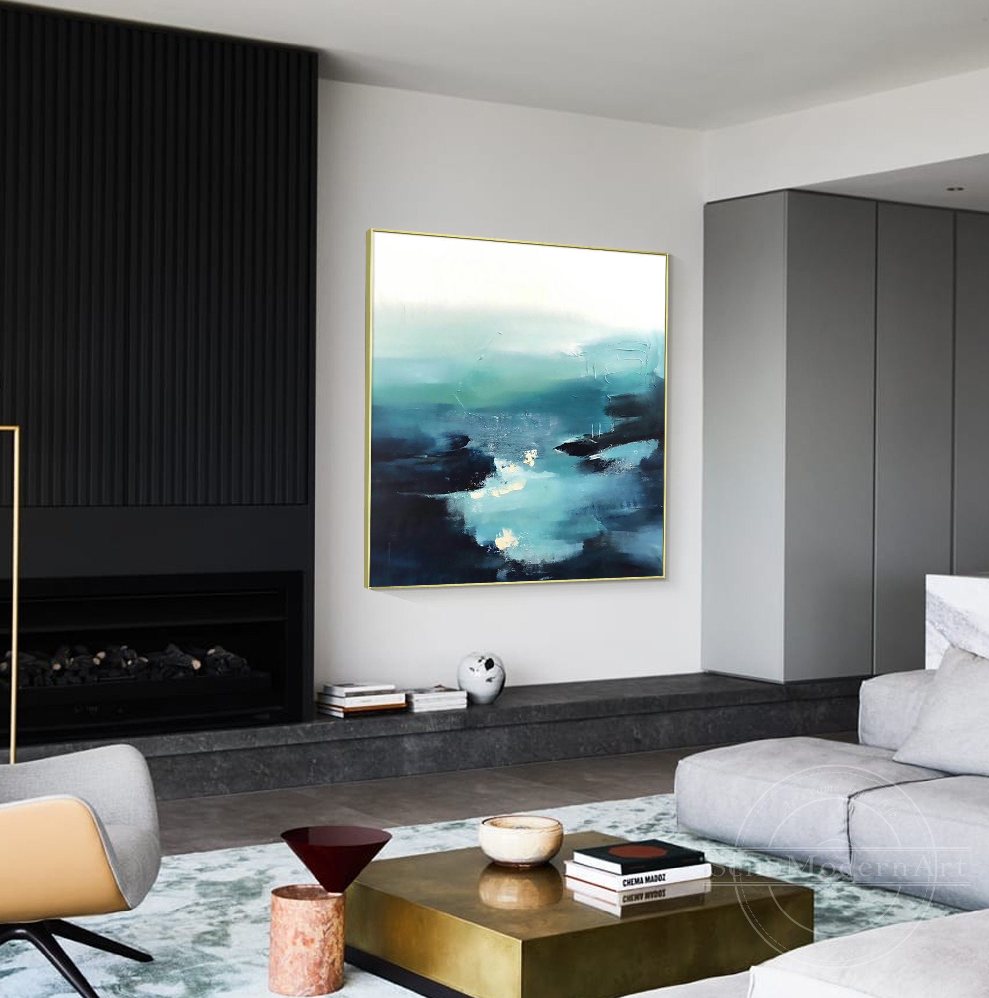 Teal Blue Abstract Art Lake Painting Square Landscape Painting Etsy