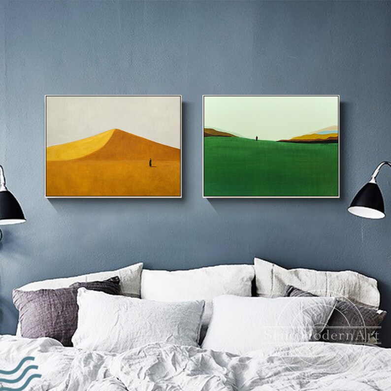 Set of 2 Frame Wall Art Abstract Green Yellow Landscape Print Etsy