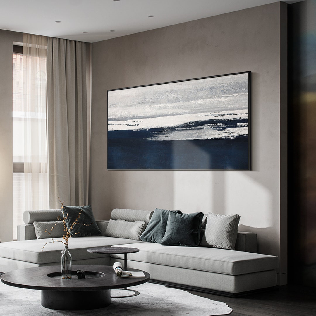 Navy Blue Silver Painting Minimalist Abstract Framed Wall Art Ocean ...