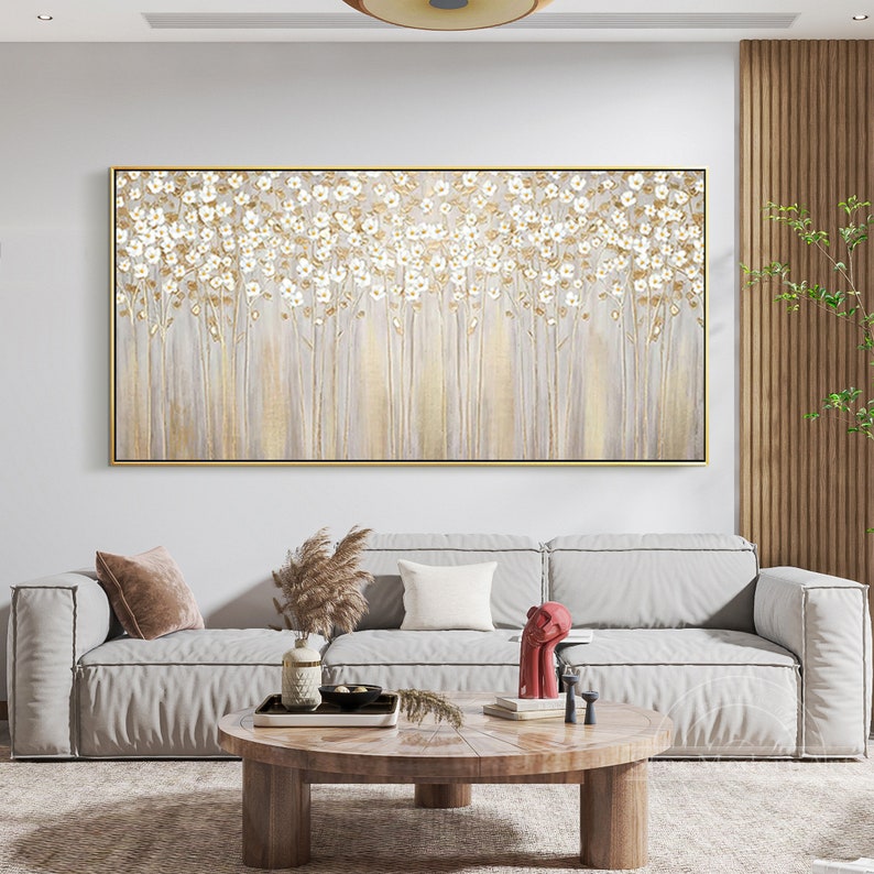 Flower Painting Gold Flower Wall Art Textured Abstract Wall Etsy