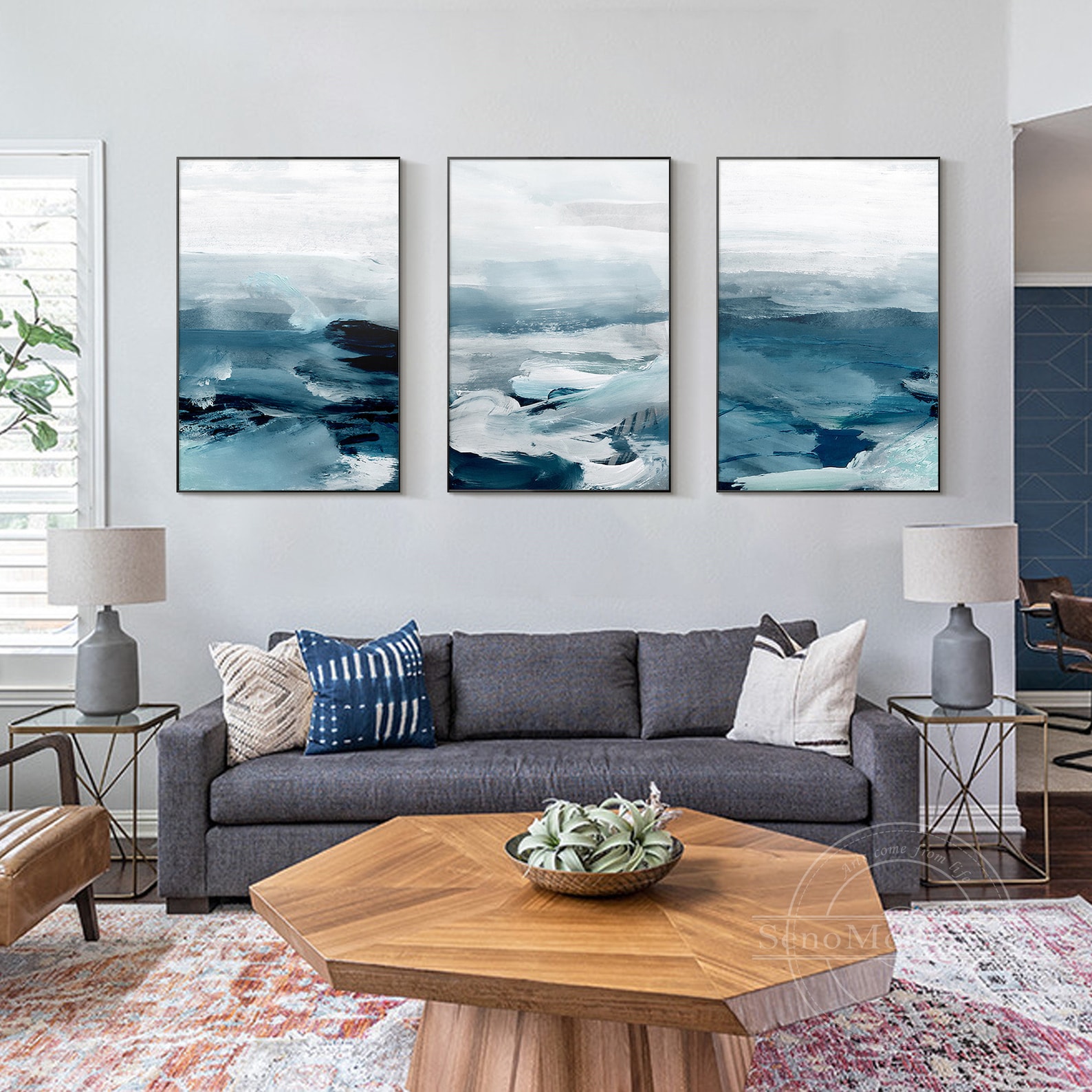 Set of 3 Blue Ocean Paintings Abstract Coastal Wall Art Blue Sea Waves ...