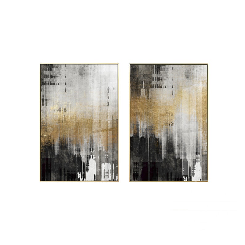 Set of 2 Frame Wall Art Abstract Gold Black and White Print Etsy