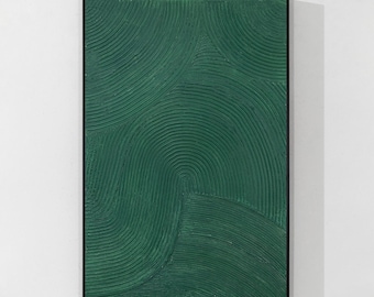 Textured Hunter Green Abstract Painting, Minimalist Vertical Wall Art, Oversized Hand Painted Canvas, Dark Green Circle Line Modern Decor
