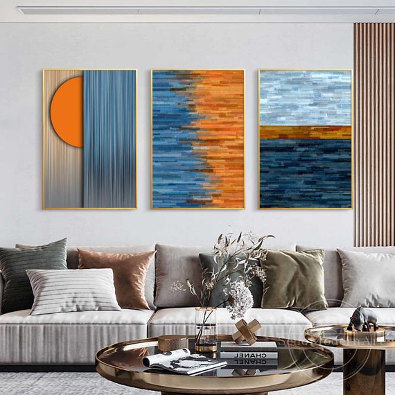 Set of 3 Frame Wall Art Abstract Orange Navy Blue Light Blue 