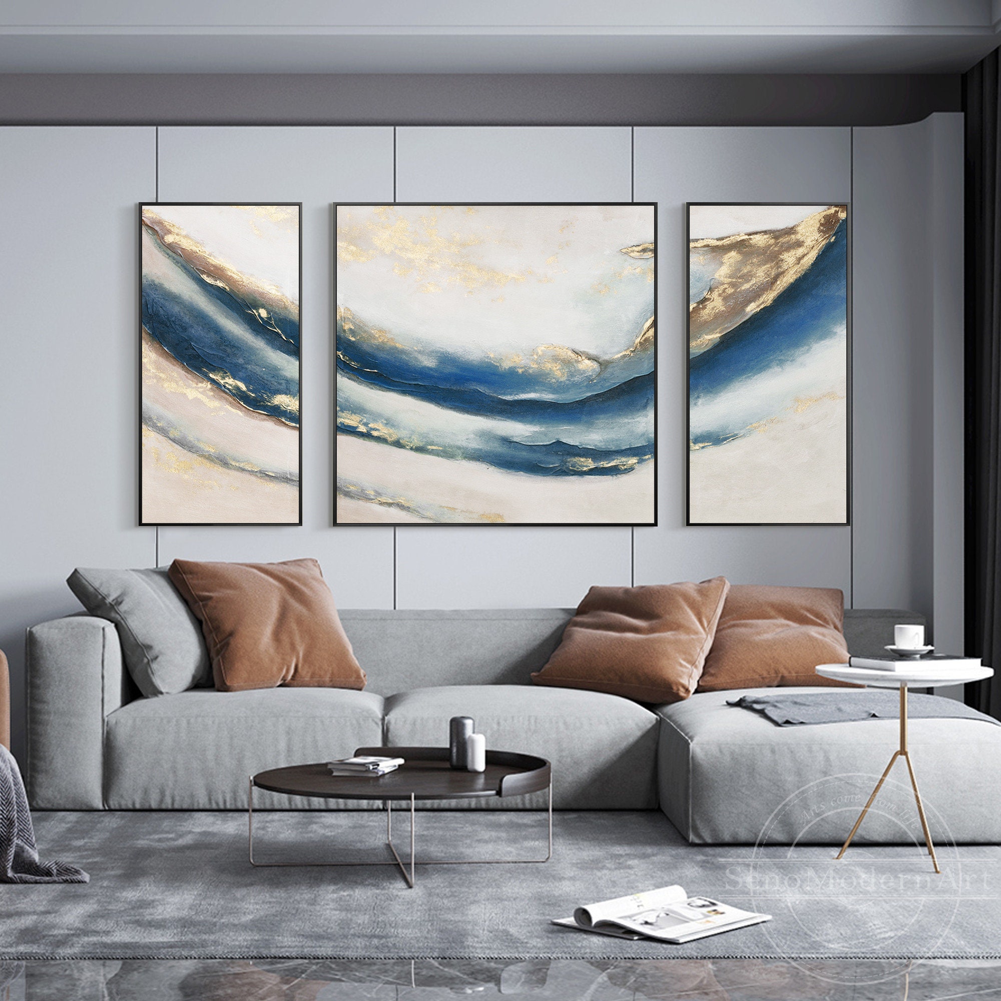 Set of 3 Gold Dolphin Navy Blue Ocean Abstract Framed Wall Art Heavy ...