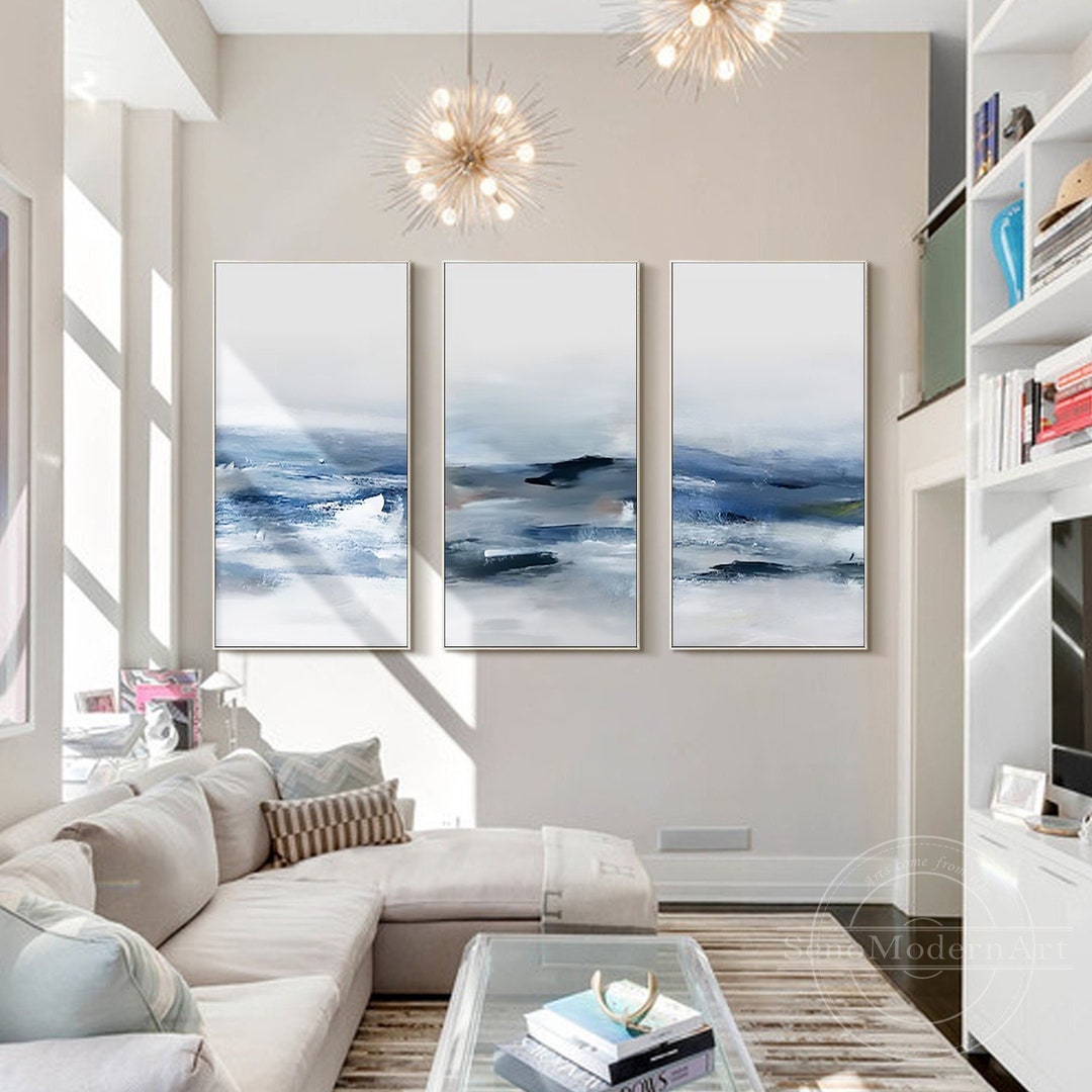 Set of 3 Light Blue Abstract Art White Landscape Framed Wall Art Steel