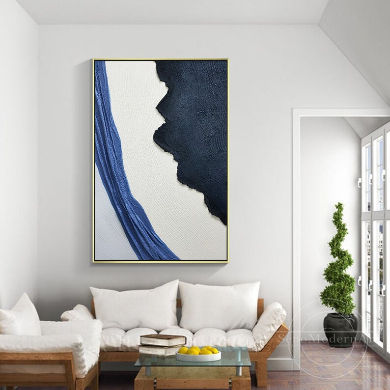 Navy Blue Painting Large White Textured Wall Art Modern - Etsy