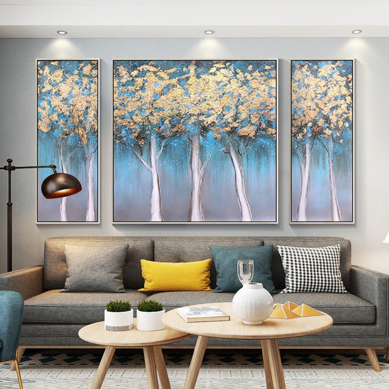 Set of 3 Gold Tree Abstract Painting Teal Blue Frame Wall Art Gold Leaf ...