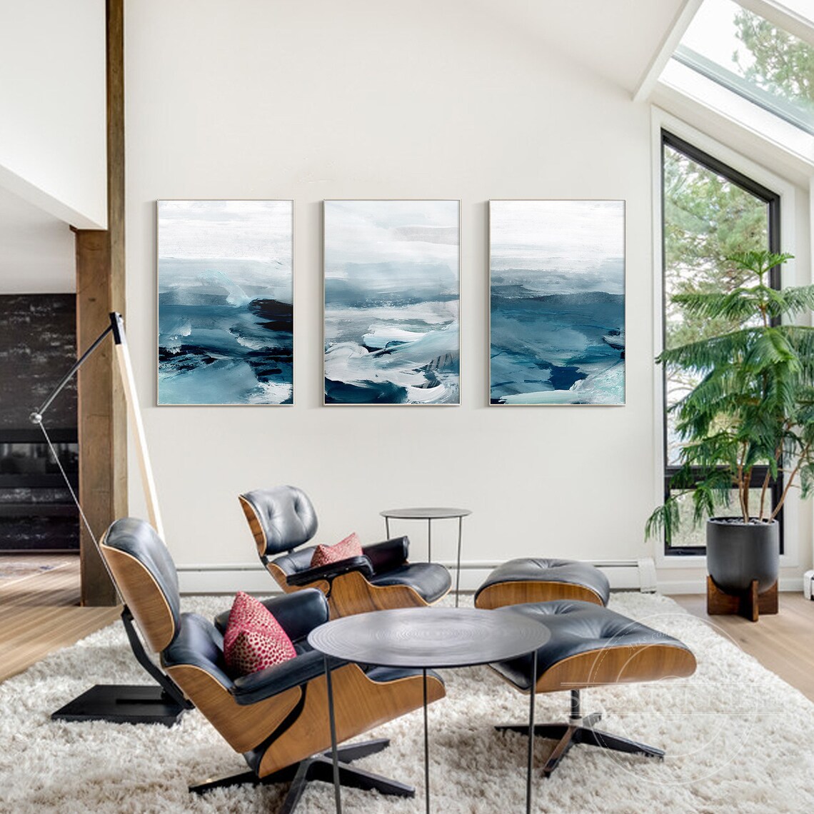 Set of 3 Blue Ocean Paintings Abstract Coastal Wall Art Blue Sea Waves ...