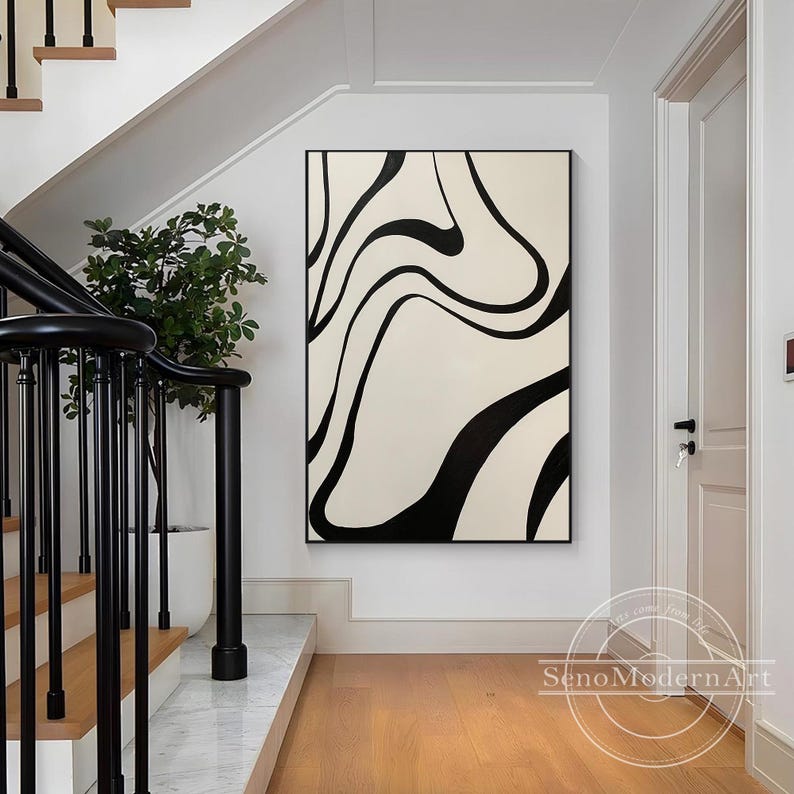 Minimalist Black and White Abstract Painting, Organic Line Art Canvas ...