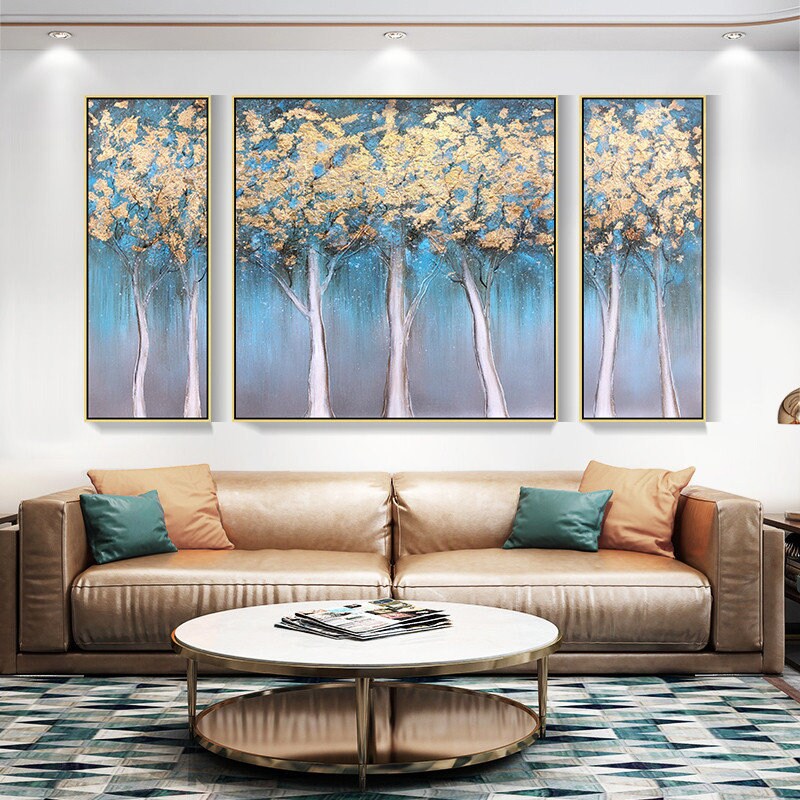Set of 3 Gold Tree Abstract Painting Teal Blue Frame Wall Art Etsy