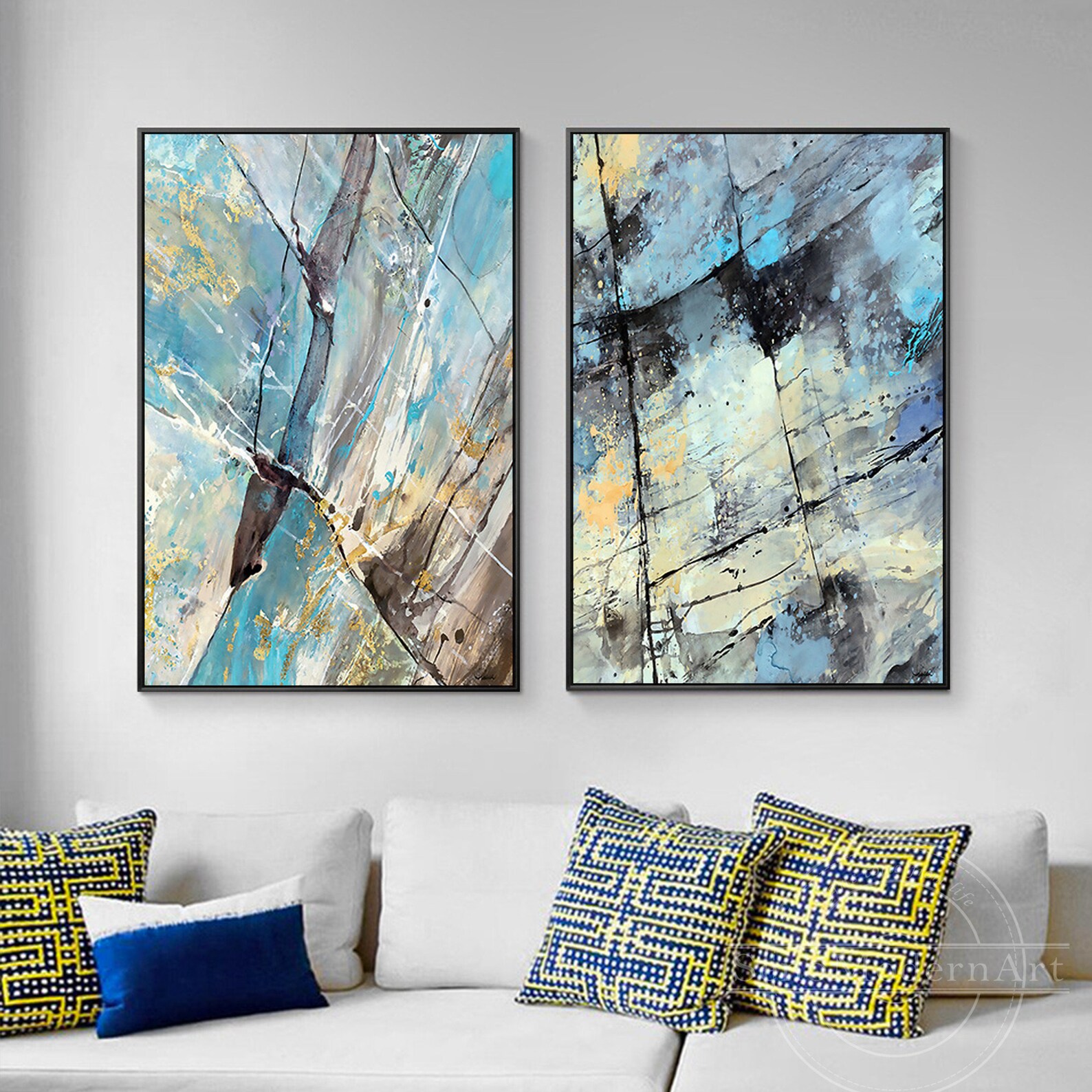 Set of 2 Frame Wall Art Abstract Blue Yellow Black Brown Print Etsy