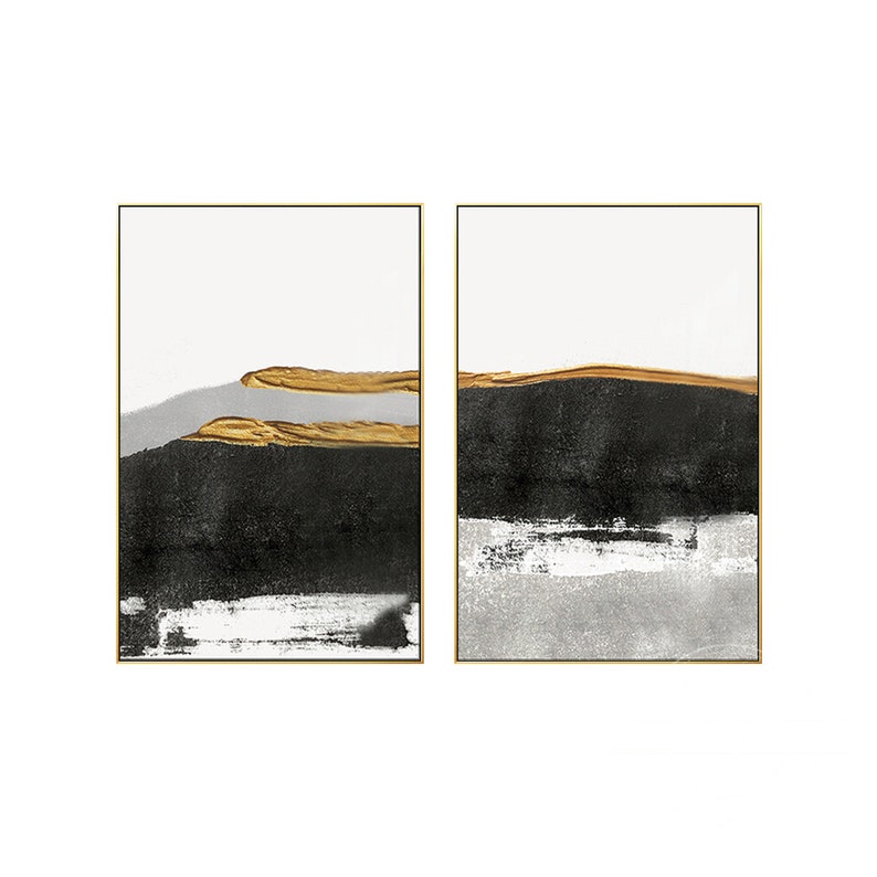Set of 2 Frame Wall Art Abstract Gold Black and White Print Etsy