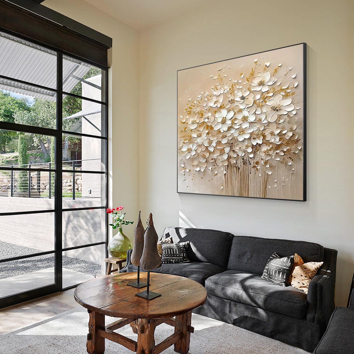 3D Textured Cream Flower Gold Leaf Painting on Canvas Modern Floral ...
