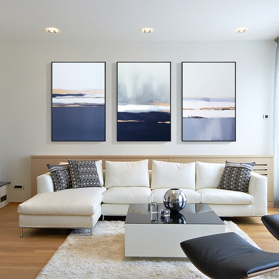 Navy Blue Gold Abstract Ocean Painting on Cnavas 3 Pieces Wall Art Set ...
