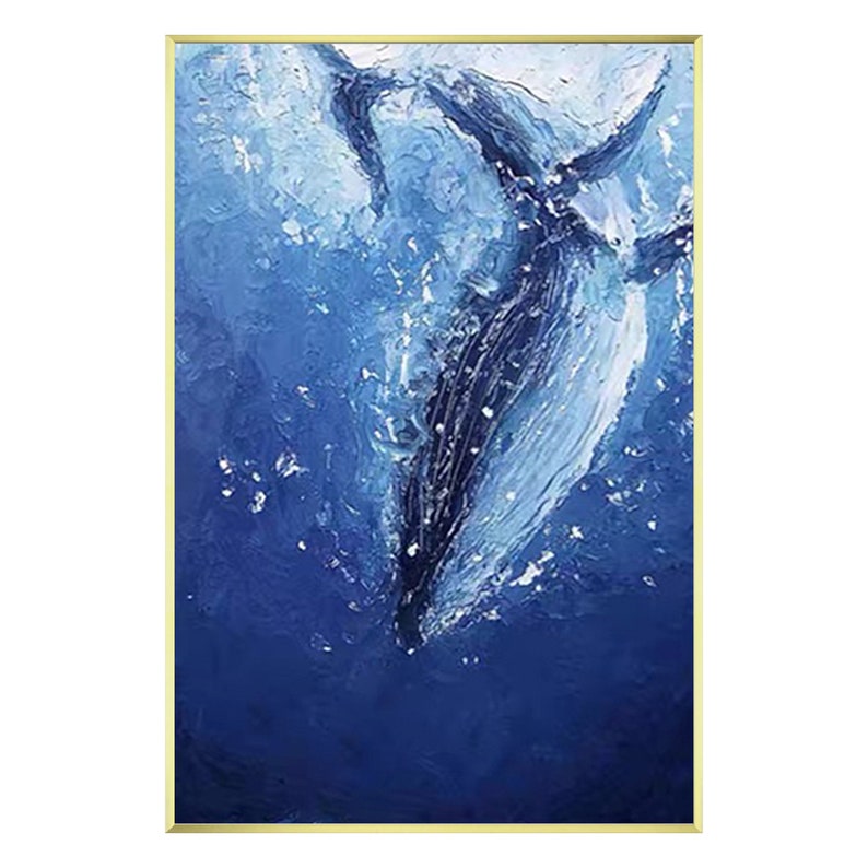 Navy Blue Abstract Whale Painting, Textured Ocean Canvas, Hand-painted ...
