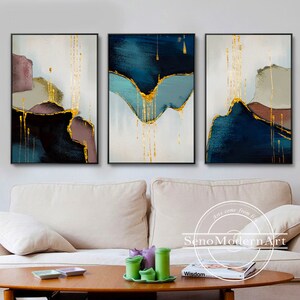 Set of 3 Frame Wall Art Abstract Gold Green Navy Blue Brown Grey Purple ...