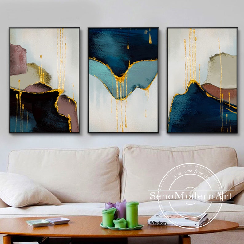 Set of 3 Frame Wall Art Abstract Gold Green Navy Blue Brown Grey Purple ...