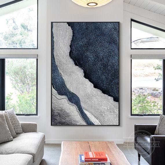 Dark Blue Gray White Textured Art,Navy Blue Ocean Art Abstract Painting River Painting on Canvas Coastal Wall Art Large Vertical Wall Decor