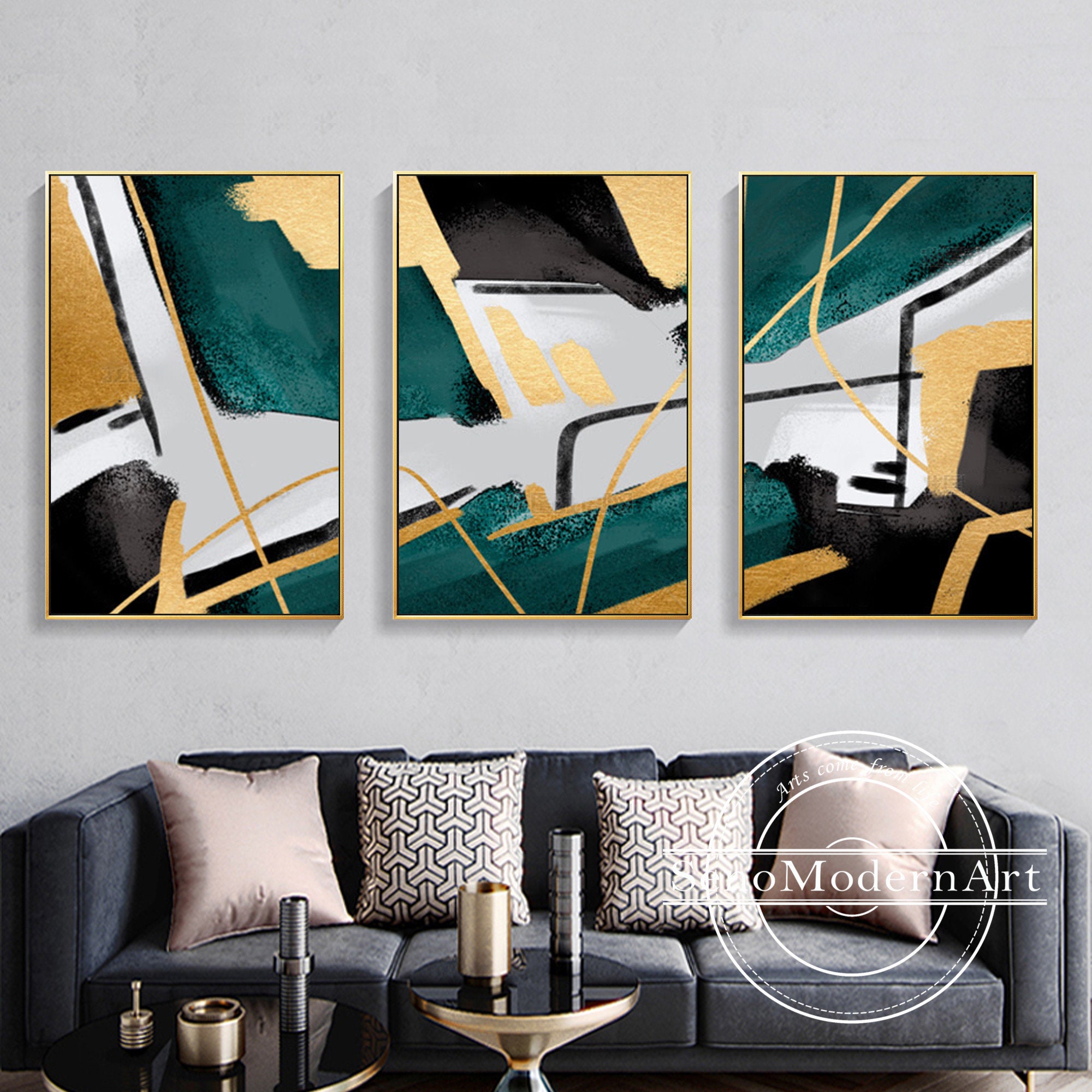 Set of 3 Frame Wall Art Abstract Geometric Gold Green Black and