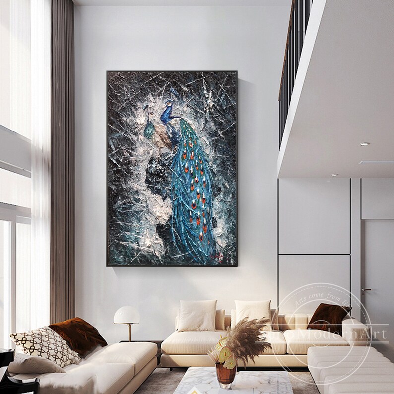 Teal Blue Peacock Palette Knife Painting Wall Decor Scars Etsy