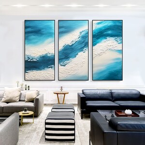 Set of 3 Blue Abstract Ocean Wave Wall Art Abstract Seascape Wall Art ...