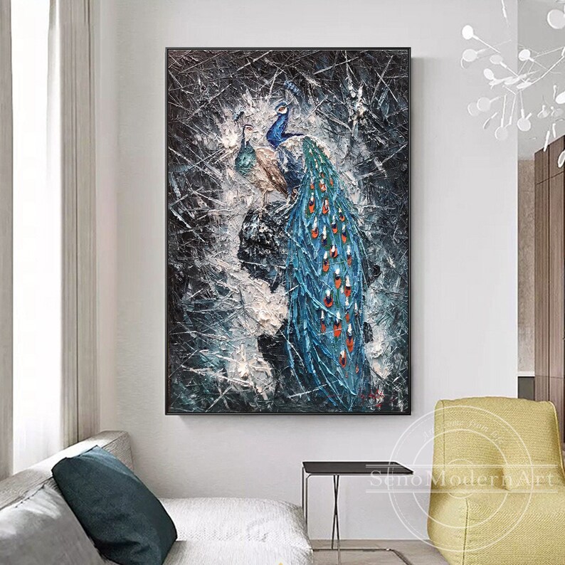 Teal Blue Peacock Palette Knife Painting Wall Decor Scars Etsy