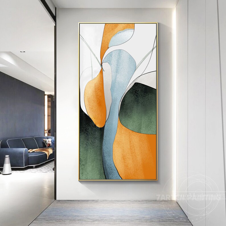 Abstract Geometric Orange Green Minimalist Painting on Canvas Vertical ...