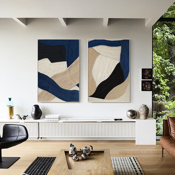 Dark Blue Beige Abstract Plaster Art, Set of 2 Navy Blue Abstract Vertical Painting,3D Textured Organic Shape Art,Minimalist Blue Art Decor