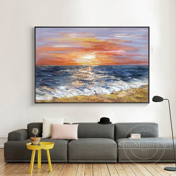 Modern Abstract Navy Blue Orange Sunrise Seascape Ocean Beach | Etsy