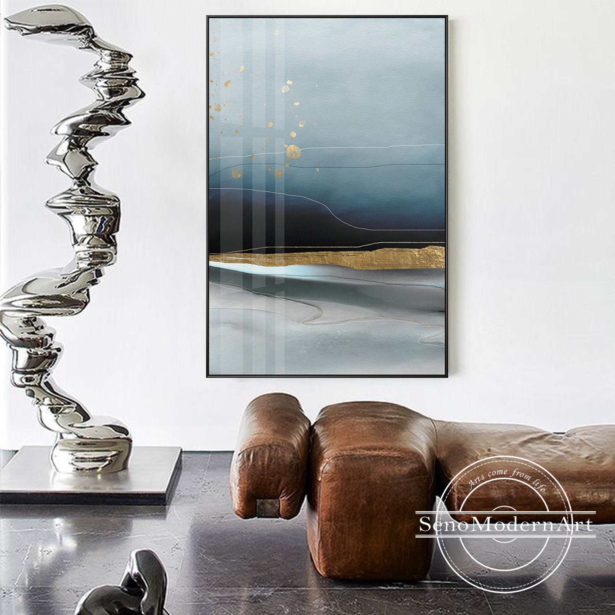 Frame Wall Art Modern Abstract Gold Navy Blue Black and White | Etsy