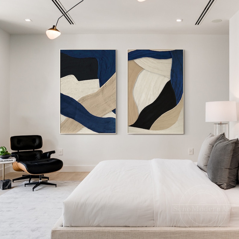 Minimalist navy and beige wall decor set with framed canvas texture modern bedroom decor