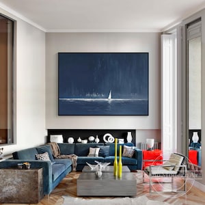Minimalist seascape painting with boat