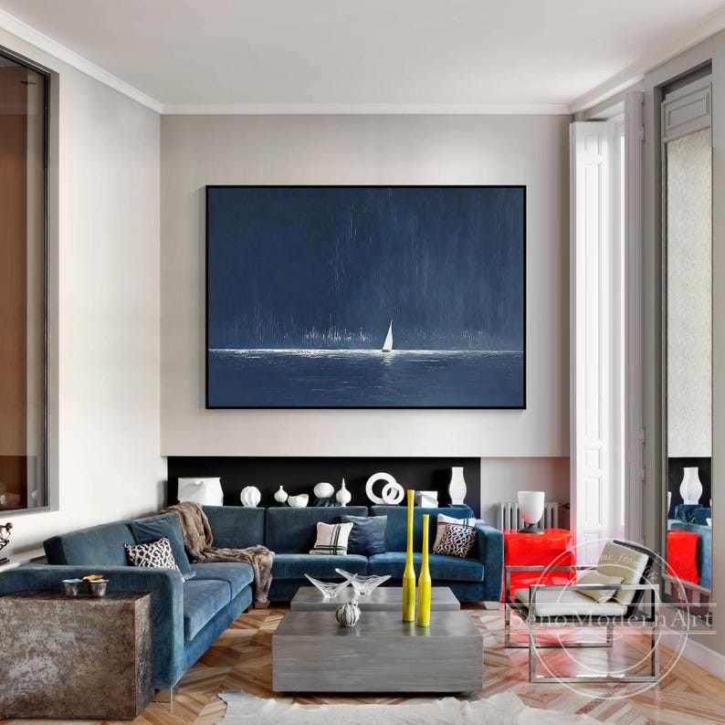 Minimalist seascape painting with boat