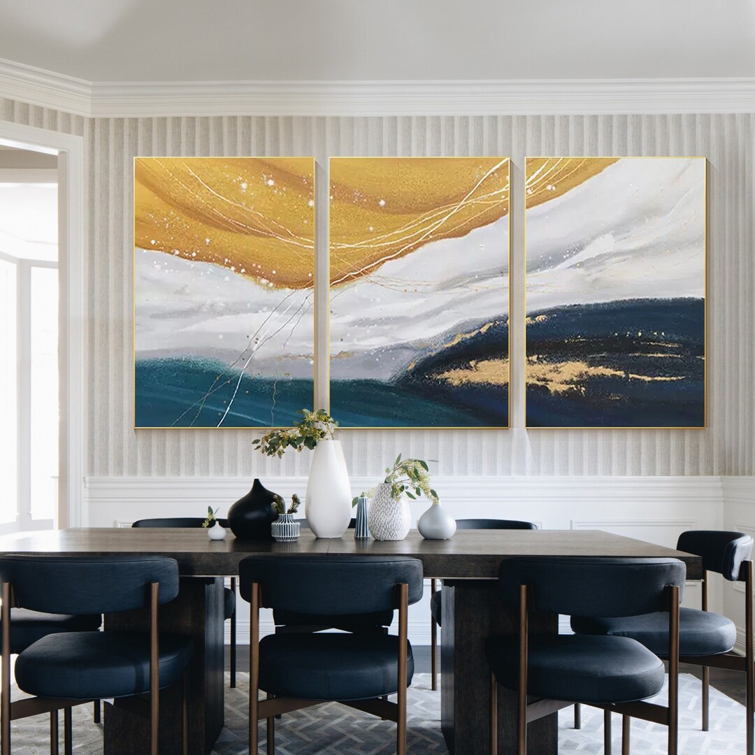 青と黄色の抽象的な海の絵画キャンバス：3枚の大きな壁アートのセット