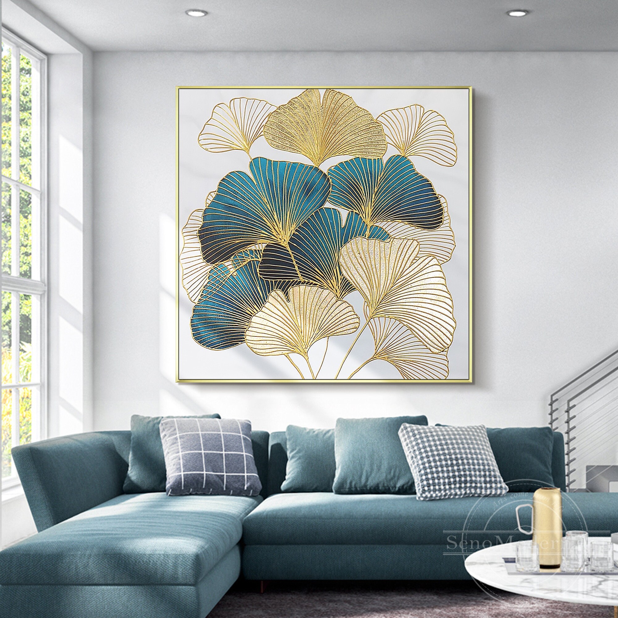 Green and Gold Ginkgo Leaf Wall Art,hand Painted Botanical Canvas