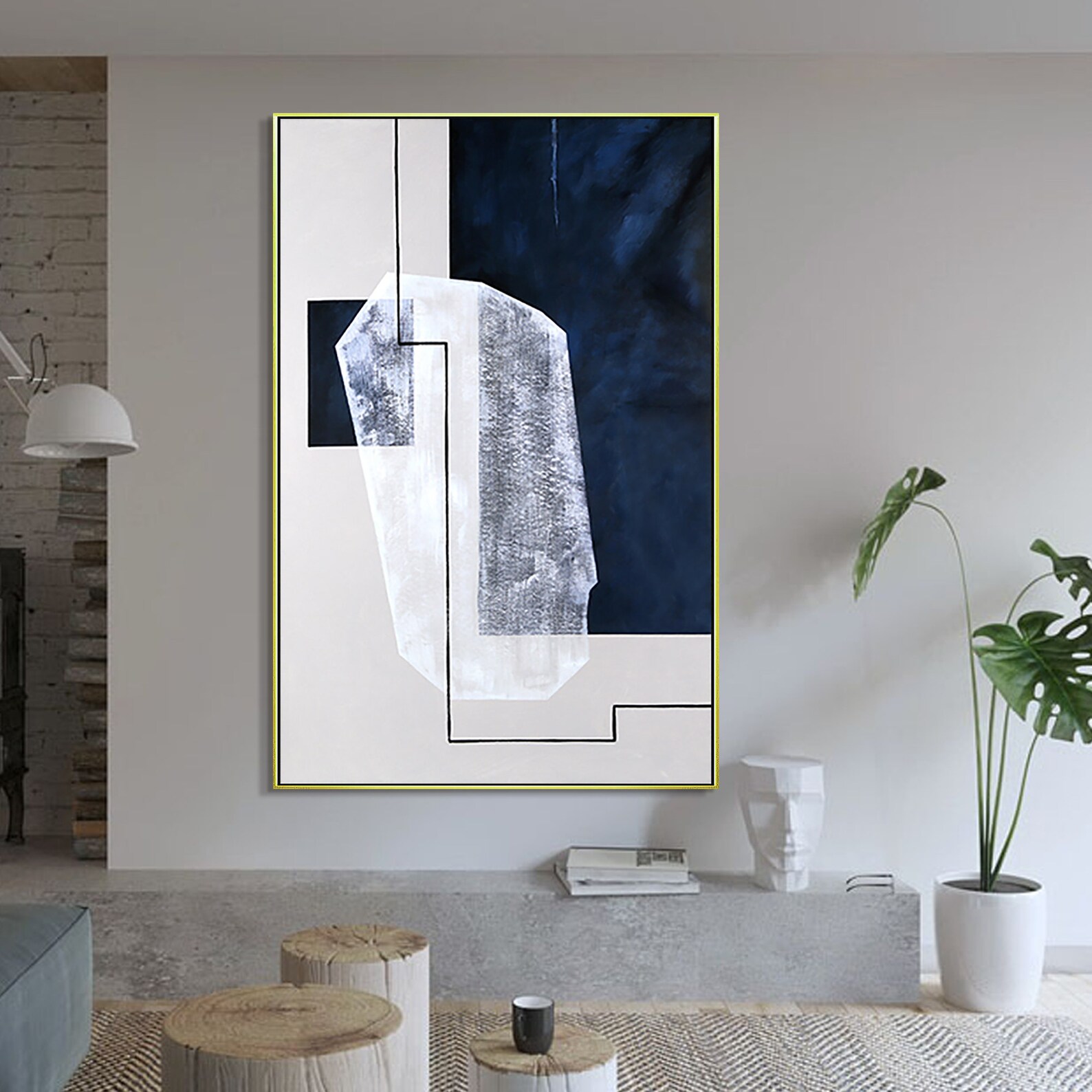 Navy Blue Geometric Painting Dark Blue Rectangle White Etsy