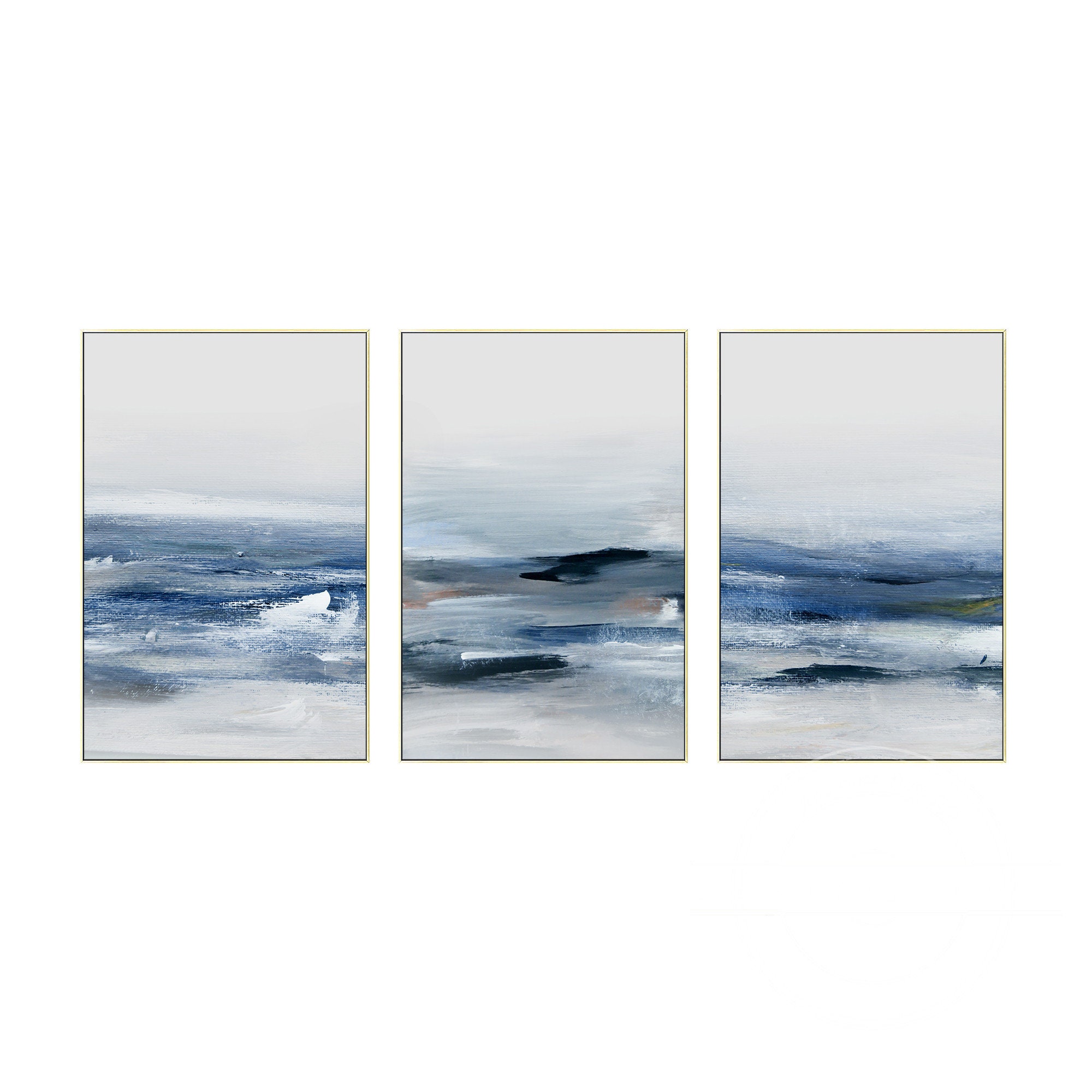 Set of 3 Framed Wall Art Abstract Steel Blue White Seascape Ocean ...