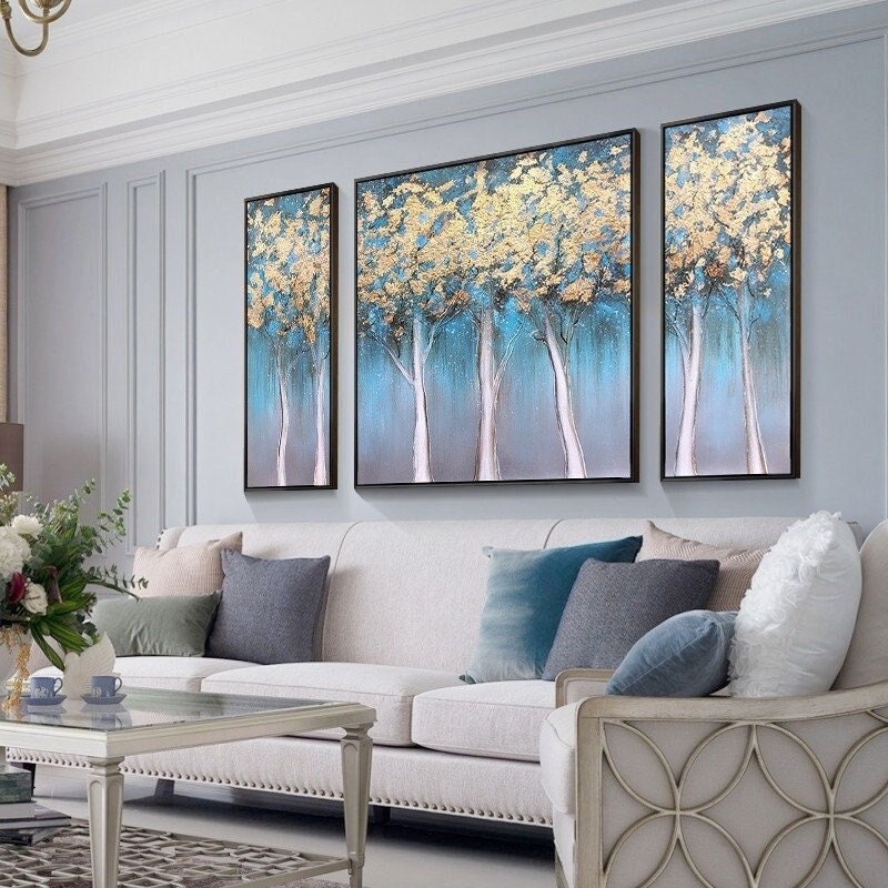 Set of 3 Gold Tree Abstract Painting Teal Blue Frame Wall Art Gold Leaf Plants Acrylic Painting on Canvas Extra Large Aesthetic room decor