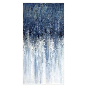 May include: A rectangular wall art piece featuring an abstract composition with a vertical gradient transitioning from deep navy blue at the top to a pale, light blue and white at the bottom, accented by intricate, swirling dark line work.