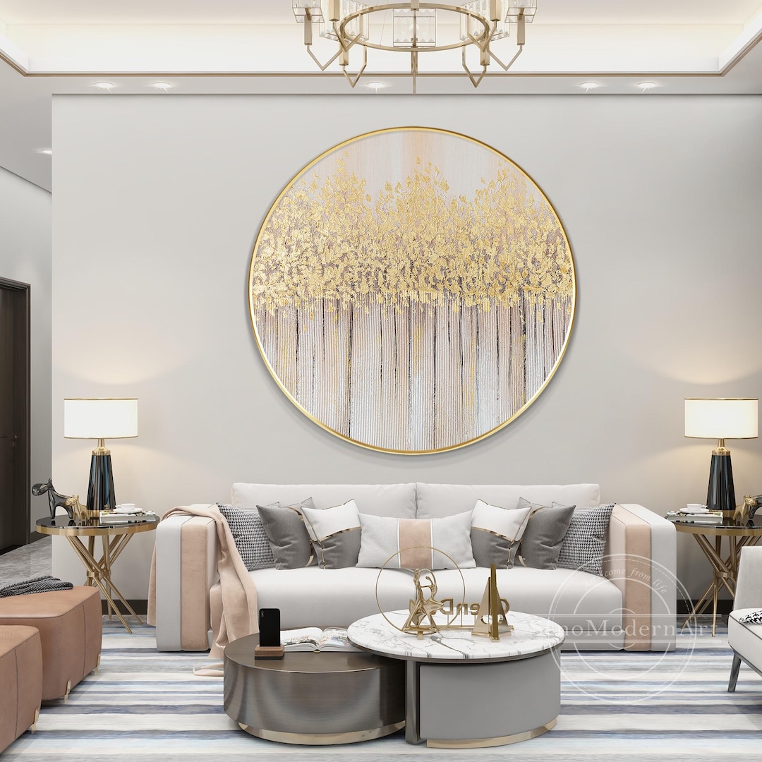 Gold Leaf Tree Painting on Canvas, Round Abstract Textured Wall Art ...