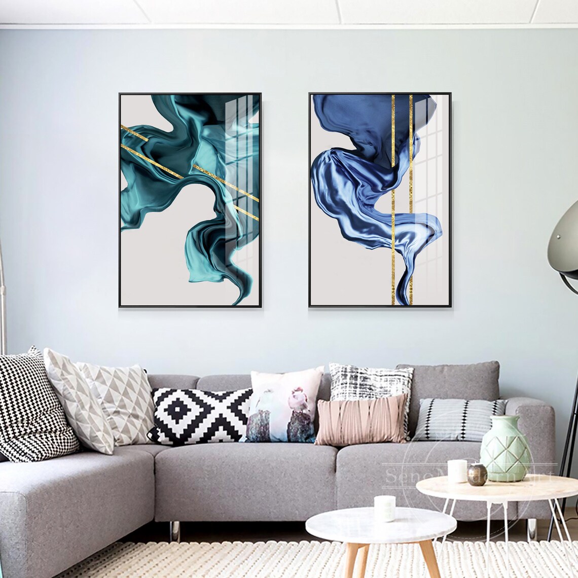 Set of 2 Frame Wall Art Geometric Abstract Gold Navy Blue Etsy UK