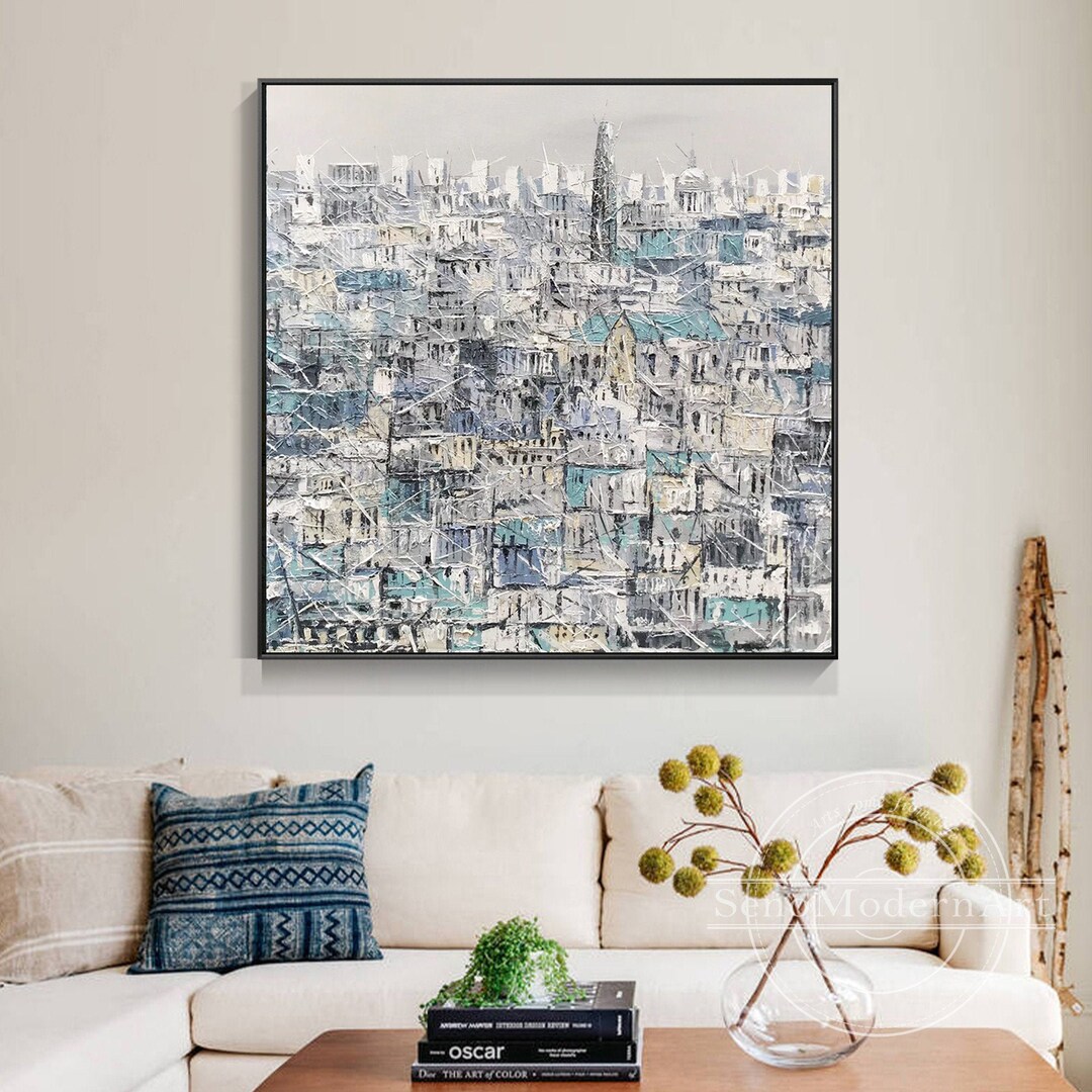 Gray Teal City Abstract Wall Art Gray Blue Heavy Texture Palette Knife