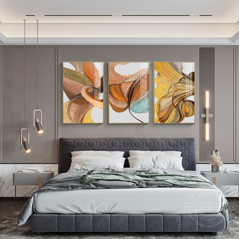 Set of 3 Framed Wall Art Abstract Flower Painting Yellow Blue Etsy